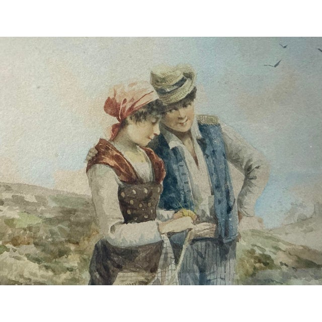Paint Quality Antique 19th Century Signed Man Lady Woman Realism Watercolor Painting For Sale - Image 7 of 9