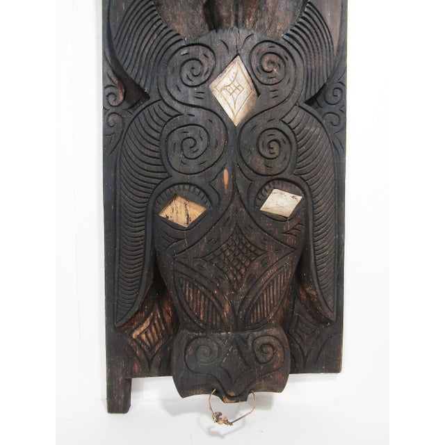 Coffee Batak Toba Singa Guardian Carved Wood Panel W/ Bone Inlay, Indonesia, 17.75" Mid-20th Century For Sale - Image 8 of 11