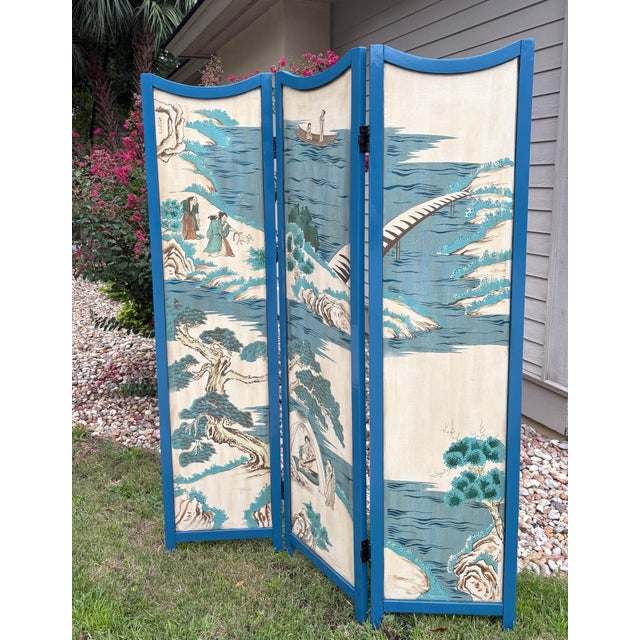 Vintage Three Panel Folding Chinoiserie Room Divider or Screen For Sale - Image 12 of 12