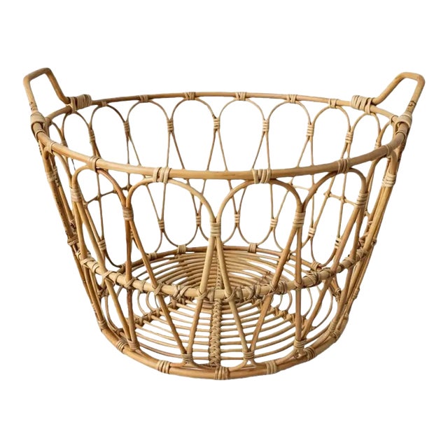 1970s Oversized Rattan Basket With Wrapped Handles For Sale
