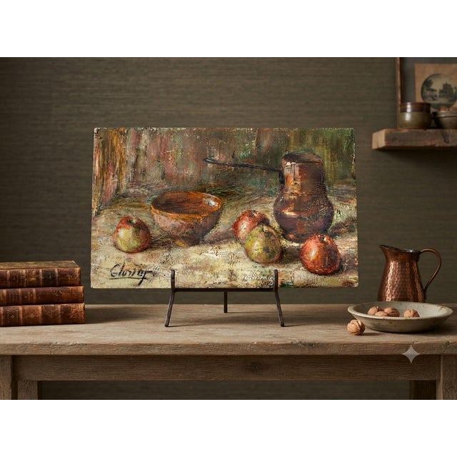 A vintage heavily textured still life executed in an expressive, impasto-driven style. It is a wonderfully tactile,...