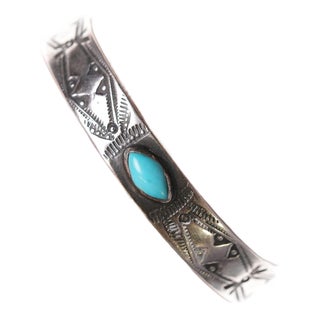 6.5" 30's Navajo Stamped Silver and Turquoise Bracelet For Sale