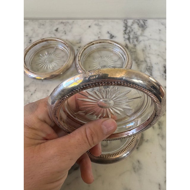 Traditional Antique Silver Plate and Glass Coasters Set of 4 For Sale - Image 3 of 4