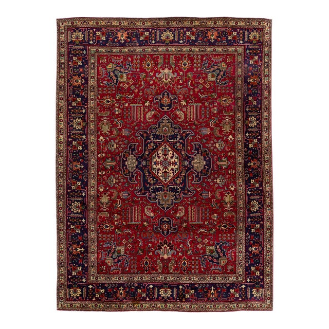1960s Vintage Persian Tabriz Handmade Medallion Red Wool Rug For Sale