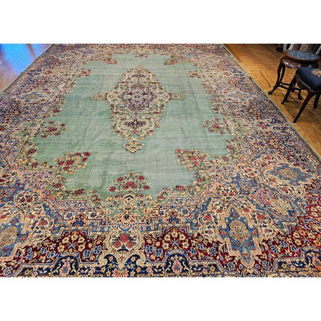 Vintage Oversized Persian Kerman Rug, Hand-Knotted Wool, Floral Pattern, Pale Green & Red, 12x16 For Sale In Chicago - Image 6 of 15