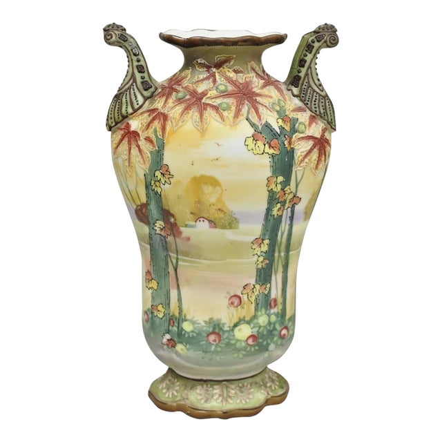 Antique Nippon Hand Painted Porcelain Moriage Twin Handle Countryside Scene Vase For Sale