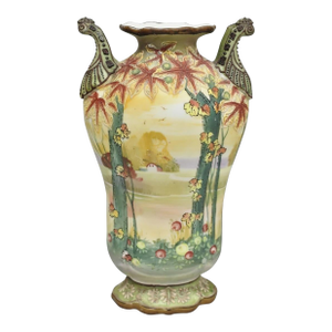 Antique Nippon Hand Painted Porcelain Moriage Twin Handle Countryside Scene Vase