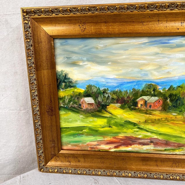 Original art oil on canvas landscape signed by artist. Frame measures 16” w 1.75” d x 15” h. Canvas measures 14” w x 11” h.