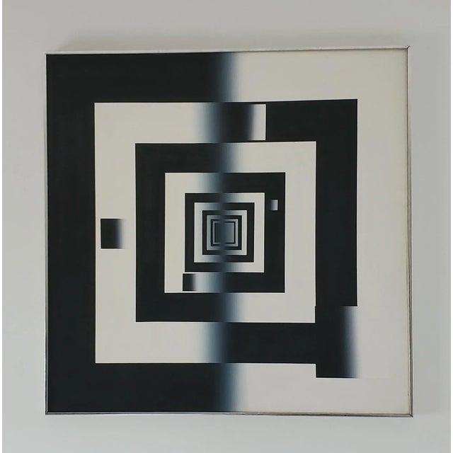 1970s Llisted Artist Mario Grimaldi Geometrict Abstract Oil on Canvas Signed on Reverse For Sale - Image 4 of 4