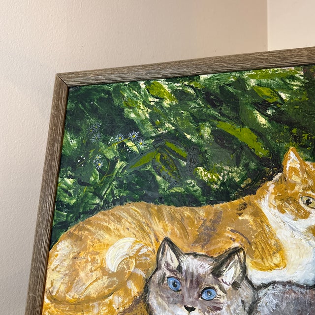 Vintage 1970s Acrylic Cat Painting ~ Framed and Signed Jjay For Sale In Atlanta - Image 6 of 12