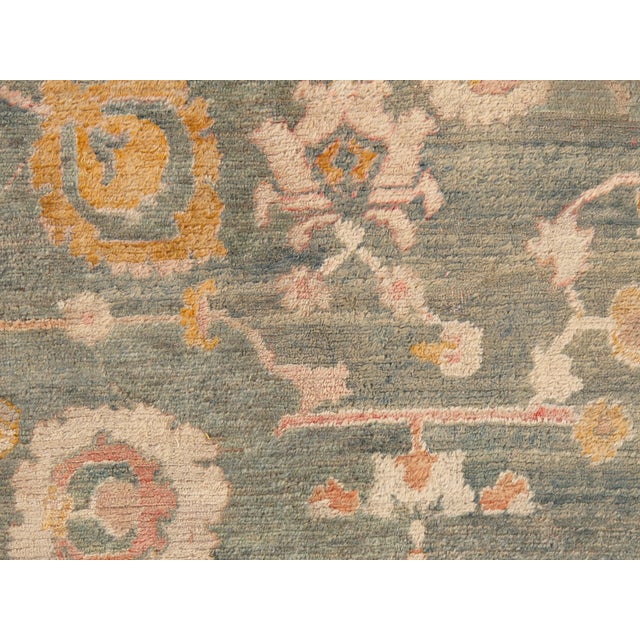 Turkish Antique Angora Oushak Carpet, Handmade Oriental Rug, Light Blue, Shrimp, Taupe For Sale - Image 3 of 18