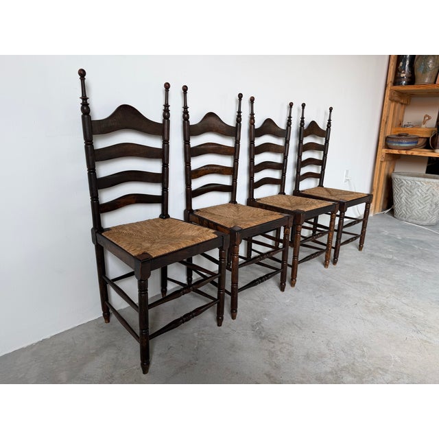 Wood Vintage French Country Style Oak Ladder Back Rush Seat Dining Chairs – Set of 4 For Sale - Image 7 of 18