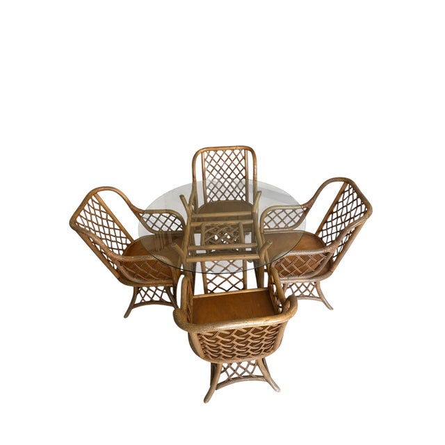 Mid 20th Century Rattan Latticed Dining Set With Glass Top Table For Sale - Image 4 of 16
