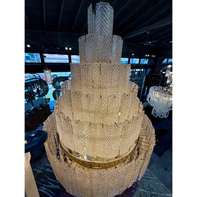 1970s Monumental Amber Textured Glass Leaf Tiered Chandelier For Sale - Image 4 of 11
