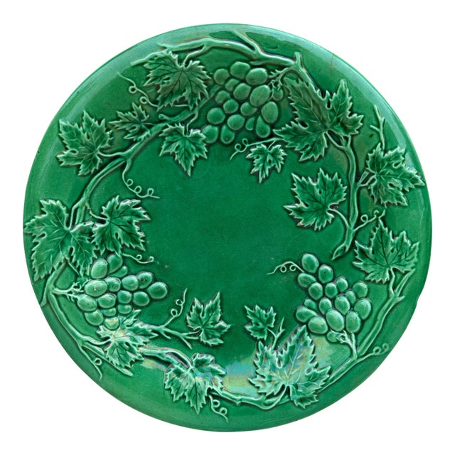 French Green Majolica Grapes Plate , Circa 1880 For Sale