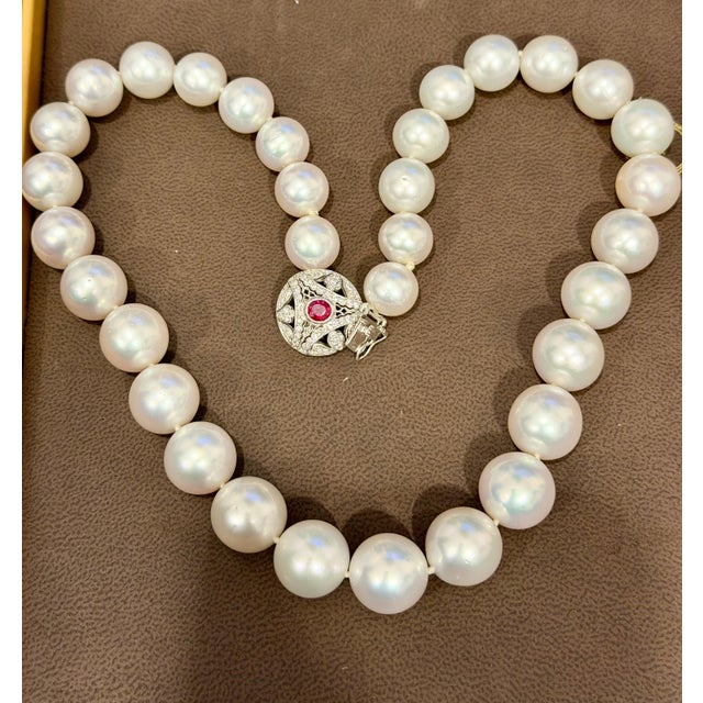 Designer piece , Signed Piece LJI 11.5-15 mm White South Sea Round Pearl Necklace , Diamond Ruby Clasp, Vintage clasp in...