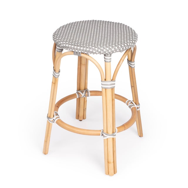 Gray Tobias 24 in. Seat Height Round Rattan Backless Counter Stool, Gray/White Dot / Natural Rattan Frame For Sale - Image 8 of 8