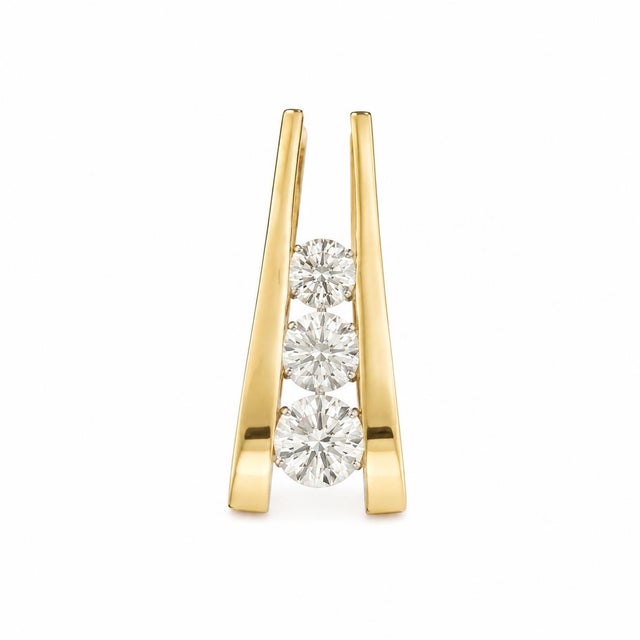 sleek and contemporary 14K yellow gold scissor pendant featuring three channel-set natural round brilliant diamonds...