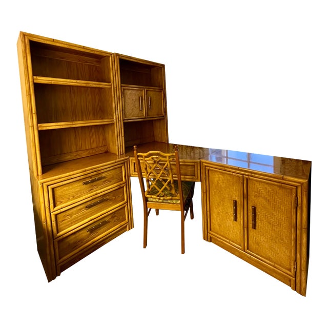 Late 20th Century Lea Industries Chinoiserie Faux Bamboo 6 Piece Modular Corner Desk Cabinet Hutch & Chair Set For Sale