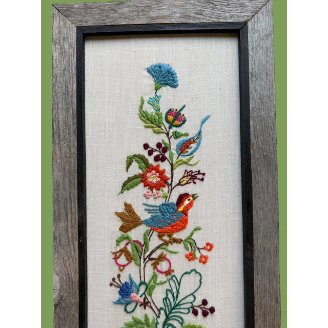 Green Vintage Textile Framed Wall Art Jacobean Panel Duo Crewel Embroidery Butterfly Bluebird For Sale - Image 8 of 12