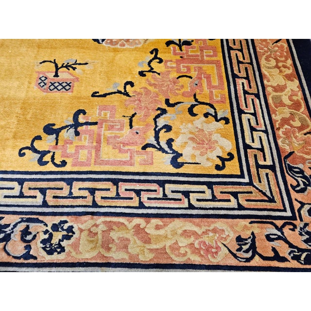 Antique Art Deco Chinese Rug, Hand-Knotted Wool, Pastel Yellow & Blue, 10x15 For Sale - Image 17 of 18
