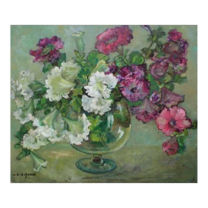 Mid 20th Century Floral Still Life Painting of Petunias in a Glass by Helen Enoch Gleiforst
