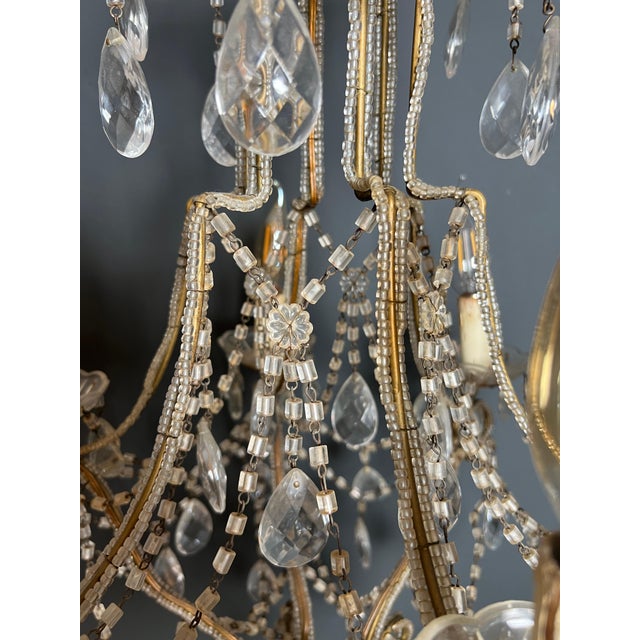 Gold 1970s Italian pearl and crystal chandelier For Sale - Image 8 of 12