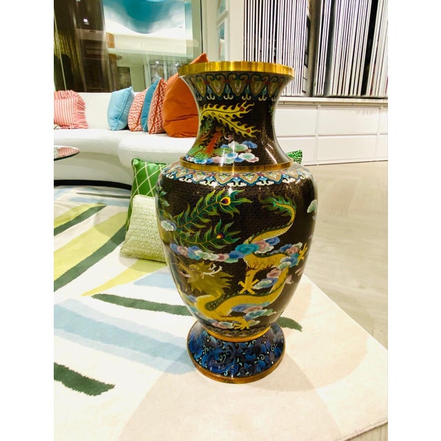 1940's Vintage Chinese Cloisonné Vase With Large Phoenix and Dragon Motif For Sale - Image 10 of 12