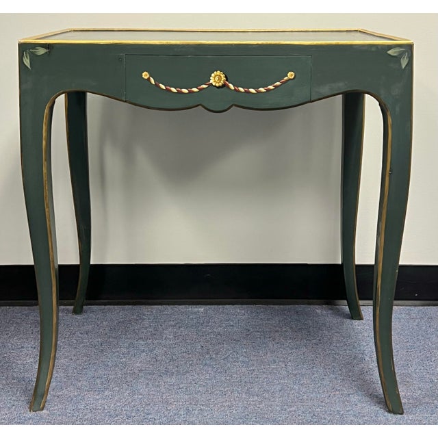 Italian made Louis XV style side or accent table with drawer. Rich green finish hand painted and decorated with Ivy and...
