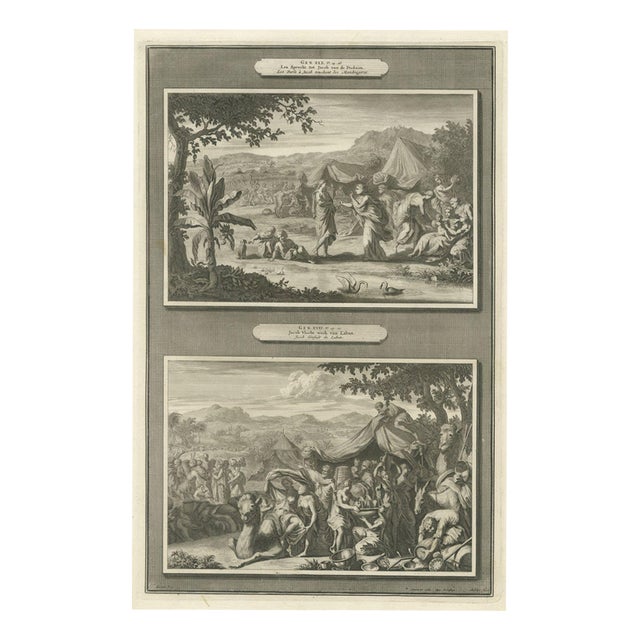 Pieter Mortier, Leah and the Mandrakes and Jacob Flees from Laban, 1700, Engraving For Sale