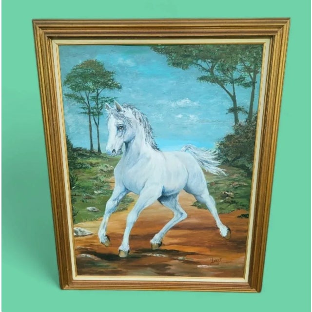 Traditional Custom Painted Equestrian White Horse Canvas Framed Fine Wall Art For Sale - Image 3 of 10
