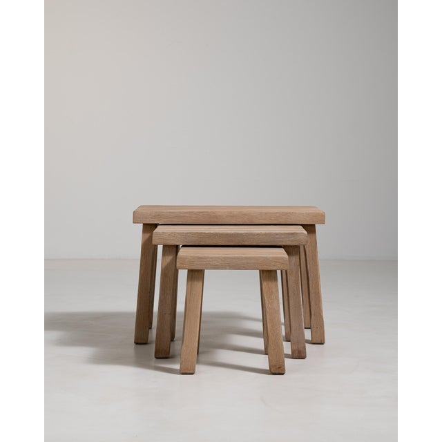 Brutalist Set of Three Oak Brutalist Nesting Tables, Antique, France, Circa 1970 For Sale - Image 3 of 13