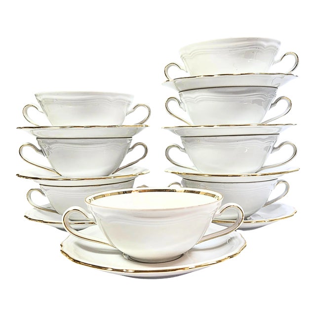 Gold Rimmed Cream Soup Cup and Saucer Set- Set of Sixteen For Sale