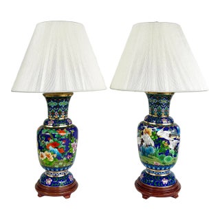 Late 20th Century Chinese Cloisonné Table Lamps Birds Flowers, New String Shades, Pair For Sale
