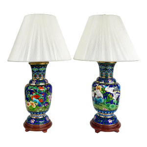Late 20th Century Chinese Cloisonné Table Lamps Birds Flowers, New String Shades, Pair