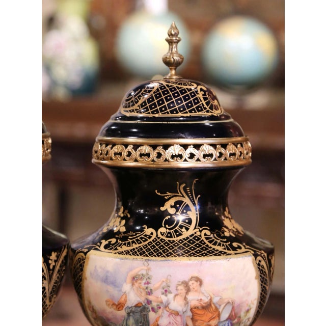 Metal Pair of 19th Century French Sevres Royal Blue Porcelain & Bronze Covered Urns For Sale - Image 7 of 12