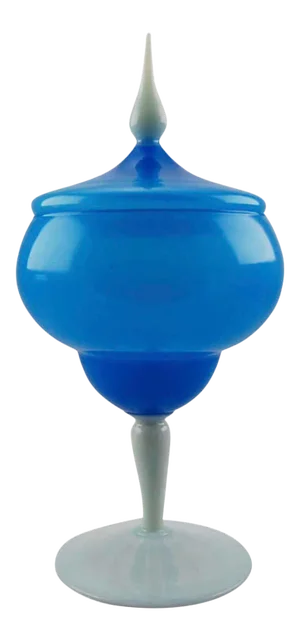 Giant Vintage Murano Opaline Glass Compote Candy Dish Blue