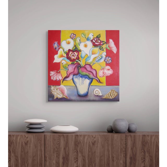 Early 21st Century Bouquet with Parakeets by Zoa Ace | Oil on canvas Still life of flowers and parakeets in a vase For Sale - Image 5 of 5