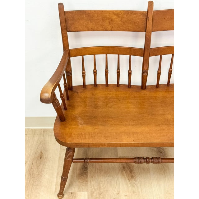 Vintage Maple Spindle Two-Seat Bench Double Crest Turned Legs Farmhouse For Sale - Image 9 of 18