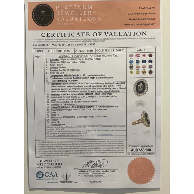 Blue 14ct Yellow Gold Sapphire & Diamond "Art-Deco" Ring 3.52ct For Sale - Image 8 of 8