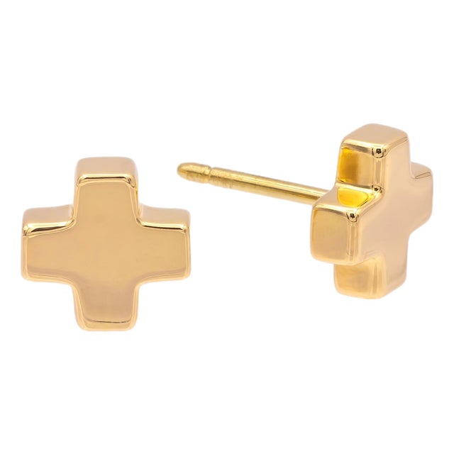 Mid 20th Century Pair of Tiffany & Co. Vintage 18k Yellow Gold Swiss Cross Studs Earrings 7.8mm X 2.6mm For Sale