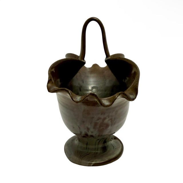 VTG Jb Cole Pottery Brown Ruffle Basket Vase Signed Nell Cole Graves 89 (E-6). For Sale - Image 4 of 9