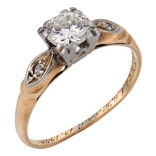 1930s Art Deco Diamond 14k Yellow Gold and Platinum Engagement Ring, Size 4.5 For Sale