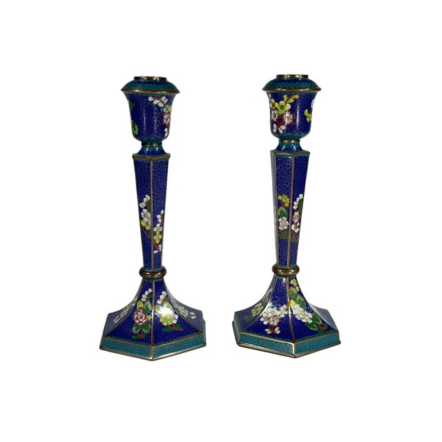 Lovely pair of vintage cloisonné enamel candlesticks. Brass body with floral motif over royal blue background and teal...