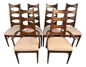 Set of Six Mid-Century Upholstered Walnut Dining Chairs by Thomasville