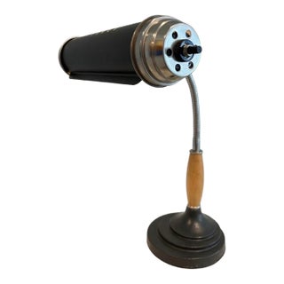 Mid-Century Modern Gooseneck Bankers Desk Lamp With Tubular Shade & Turned Wood Accent – Machine Age / Atomic Style For Sale