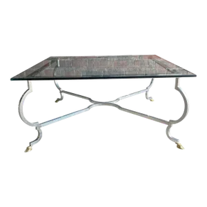Mid 20th Century Square Chrome and Brass Hoof Base Coffee Table with Glass Top