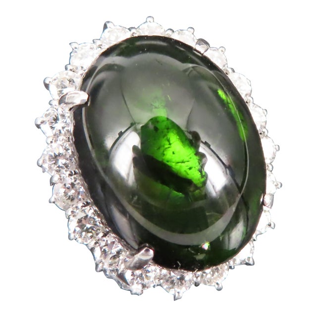 Late 20th Century Massive 26.18ct Green Tourmaline 1.83ct Diamond 18k White Gold Ring Size 4.75 For Sale
