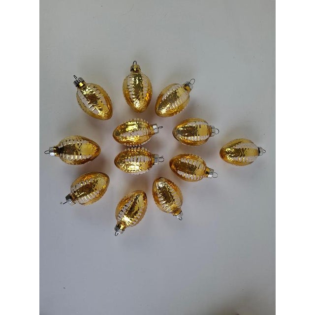 Gold Vintage Czechoslovakian Hand-Painted Golden Glass Christmas Ornaments, 1970, Set of 12 For Sale - Image 8 of 12