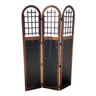 1970s Gothic Oak & Iron Three-Panel Screen Room Divider For Sale